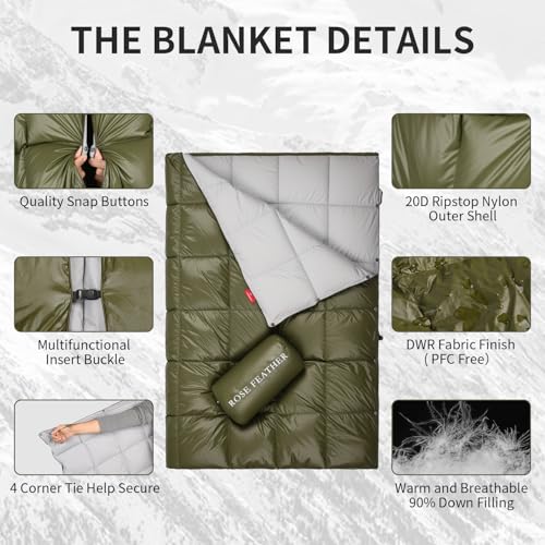 Down Camping Blanket - Lightweight, Packable, Warm & Puffy Outdoor Travel Quilt for Sleep, Hiking, Backpacking, Stadium, Festivals, Water-Resistant Sleeping Bag 55"x79" - color: Ranger Olive, size: 1LB 1.6OZ / 79" x 55"