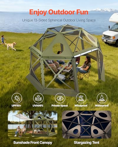 VEVOR Pop Up Gazebo Screen Tent, 13 x 13 ft Large High 13-Sided Camping Canopy Tent with Removable Top & Carry Bag, Quick Set & Bite-Proof Mesh Screen Sun Shelter for 10-12 Persons Backyard Patio - color: Army Green, size: 13x13ft