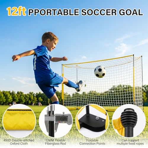 12x6FT Soccer Goal for Backyard Portable Net Collapsible Metal Base,Sports Training Equipment Quick Set Up Soccer Net for Indoor Outdoor Practice Training With 1 Carrying Bag,4 Guy Ropes 8 Ground Pegs