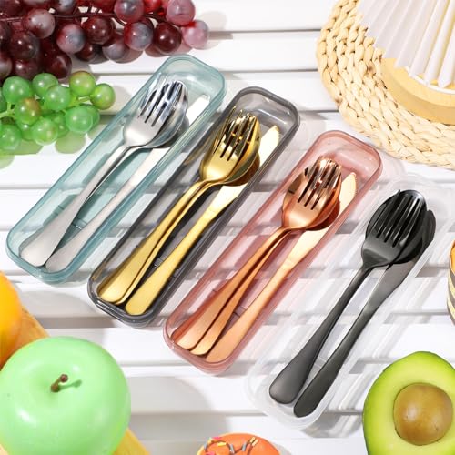 Yinkin 4 Pack Portable Travel Utensils Set with Case Reusable Stainless Steel Silverware Flatware Camping Cutlery Include Fork Spoon Knife for Work School Dishwasher Safe(Clear Series) - color: Clear Series
