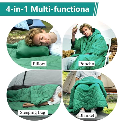Camping Outdoor Blanket, Ultralight Down Alternative Printed Travel Camp Blankets for Sleeping Packable Waterproof Puffy Quilt for Hammock Picnic Stadium Beach Cold Weather (Green Blanket Poncho) - color: Green Blanket Poncho