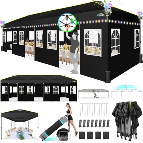 COBIZI 10x30 Pop Up Canopy with Sidewalls, One Push Easy Up Canopy UPF 50+ Waterproof Gazebo Party Tents for Parties, Backyard, Commercial Event, Black - color: Black(1-year warranty), size: 10x30