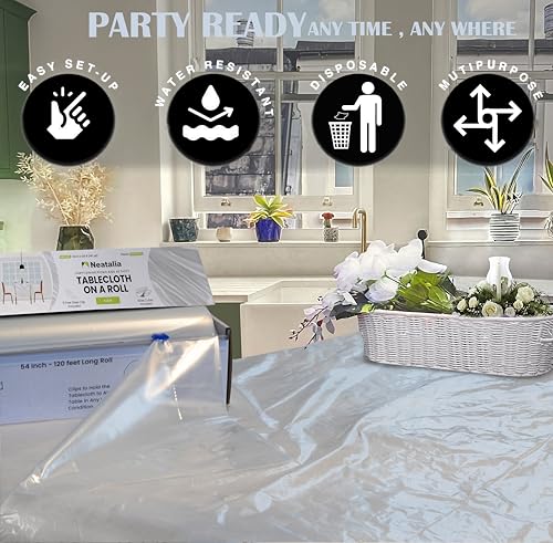 Clear Plastic Tablecloth Roll 54in X 120ft Disposable Waterproof Cover Table Cloth Rolls for Outdoor Party Events Tablecloths for BBQ Picnic Rectangle and Round Tables and Decorative Supplies - color: Clear