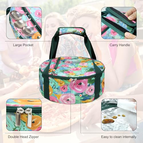Round Insulated Pie Carrier Portable Food Cake Transport Lunch Bag for Potlucks Picnics Parties Gathering Outdoor Events Travel (Green Floral) - color: Green Floral