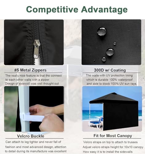 SideWalls for 10x10 Pop up Canopy Frame, 3 Pack Black SunWall and 1Pack Door Only, Black (with Zippers) - color: Black, size: 4 Sidewalls