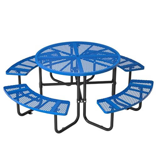 46-inch Blue Round Outdoor Picnic Table with Umbrella Hole Heavy Duty Coated Steel Metal Patio Dining Set for Garden, Courtyard, BBQ & Commercial Use - color: Blue-round