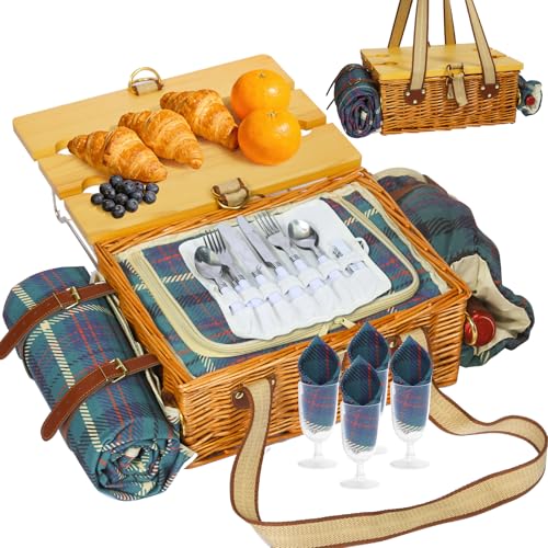 Picnic Basket for 4 with Folding Table, Large Wicker Picnic Basket Set with Waterproof Blanket and Wine Pouch, Insulated Willow Hamper with Cutlery Kit for Camping, Couples, Wedding Gift - color: Green Plaid