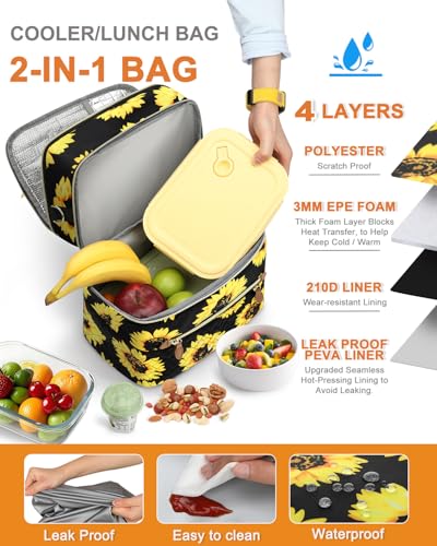 Capolo Lunch Box for Women Men Adults,Double Deck Insulated Lunch Bag Leakproof Lunch Cooler Box with Removable Strap Lunch Tote Bags Reusable Thermal Lunchbox for Work Picnic(Large,Sunflower) - color: Sunflower, size: Large