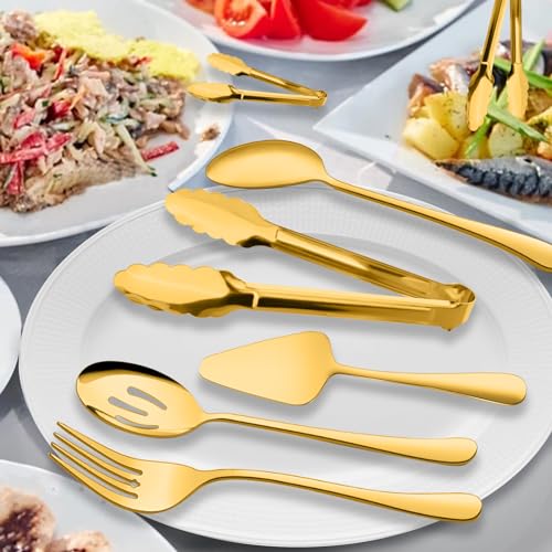Serving Utensils, XEVOM 6-Piece Stainless Steel Serving Utensil Set Include Serving Spoon, Slotted Serving Spoon, Serving Fork,Serving Tong, Appetizers Tong,Pie Server(Gold) - color: Gold