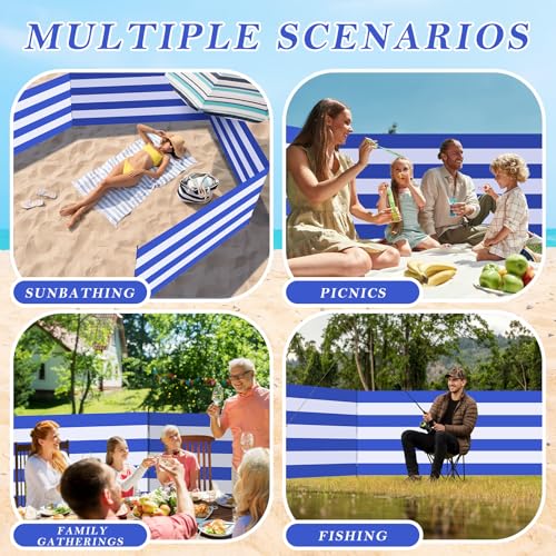 25 x 4 FT Beach Wind Screen Long Blue White Privacy Screen Portable Beach Wind Fence Blocker with 5 Foldable Metal Poles and Carry Bag for Summer Outdoor Sand Protection
