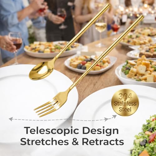 2 Pcs Extendable Fork Spoon Set 8.7 To 25.5in Extendable Long Telescoping Fork Spoon Set Stainless Steel Dinner Tableware for for Thanksgiving Gifts Barbecue Toasting Fruit Dessert (gold) - color: Gold
