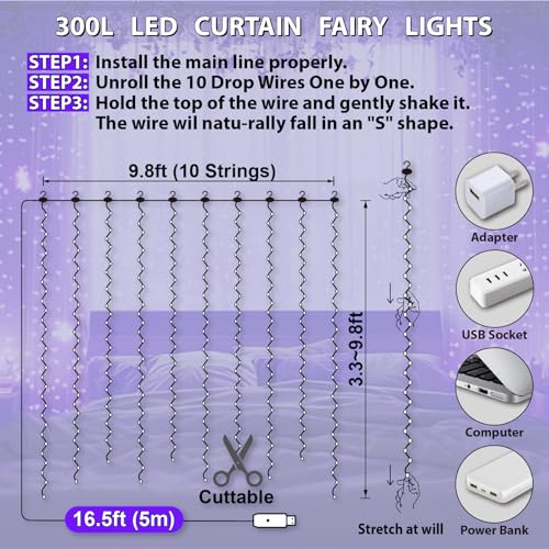 HXWEIYE 300LED Fairy Curtain Lights, 9.8x9.8Ft USB Plug-in 8 Modes Christmas String Hanging Lights with Remote for Bedroom Backdrop Wedding Indoor Wall Decor, Purple, Standard – 1 Pack - color: Purple, size: Standard – 1 Pack