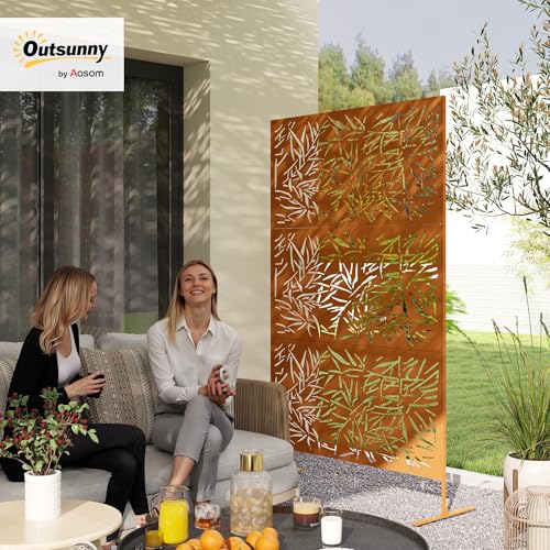 Outsunny Metal Outdoor Privacy Screen, 78" H x 48" W Decorative Privacy Fence Screen, Freestanding Outdoor Divider with Stand, Climbing Plant Trellis for Garden Walkway, Balcony, Patio, Bamboo Brown - color: Brown/Bamboo