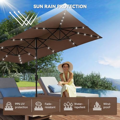 15×15ft Outdoor Patio Umbrella, Double Sided Market Rectangle Umbrella with Crank Handle, Large Sun Shade for Outside Deck, Backyard, Garden - color: Brown with LED lights