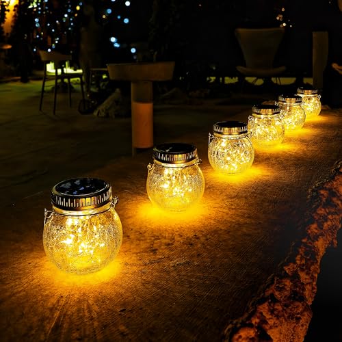 Cooo 2 Pack Crackle Glass Solar Lantern with 30 LED Firefly Lights– Waterproof Outdoor Hanging Lamp 215% Larger Solar Panel, Anti-Rust Lids Decorative Lighting for Garden Patio Table
