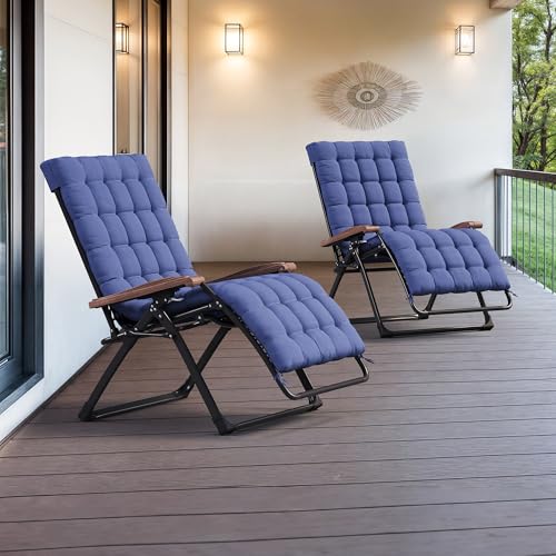 PURPLE LEAF Extra Wide Outdoor Reclining Chair Set of 2 Patio Zero Gravity Chaise Lounge Folding Chair with Removable Cushion Adjustable Headrest for Lawn Camping Beach Pool Navy Blue - color: Navy Blue - 2 Chairs, size: Extra Wide – Thick Cushion