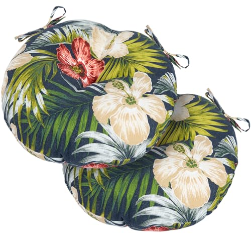 Magpie Fabrics Outdoor Round Bistro Seat Cushions with Ties, 15"x15"x4" Set of 2, Tufted Waterproof Barstool Chair Pads for Patio Home Garden Office, Midnight Floral - color: Amidnight Floral