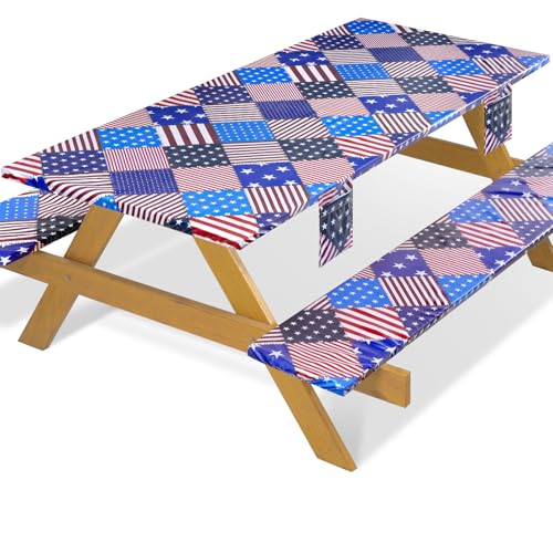 Fitted Waterproof Picnic Table Cover with Bench Covers Elastic 96×30Inch Weather Proof Non Slip Camping Table Clothes for 8Feet Rectangle Tables Campers Summer Fall Travel Hiking Tools Gifts - color: Patchwork American Flag, size: 96" x 30" (Rectangular)