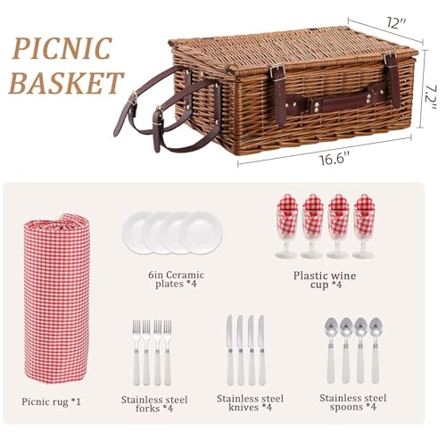 Picnic Basket for 4 Persons with Waterproof Picnic Blanket and Insulated Cooler, Large Wicker Picnic Basket for Camping, Outdoors, Valentine's Day, Christmas, Birthday, Wedding Gift - color: Red and White Small Plaid