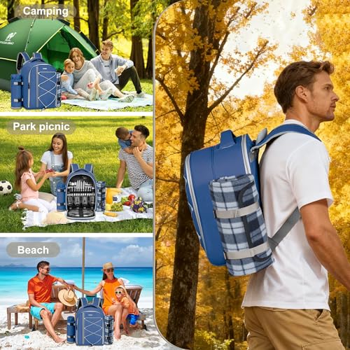 Picnic Backpack for 4 Persons with Insulated Leakproof Cooler Compartment, Cutlery Sets, Wine Holder, Fleece Blanket, Wedding Gifts for Couples, Perfect for Beach, Camping, Hiking, Blue - color: Blue