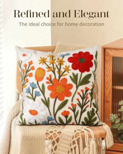 Embroidered Throw Pillow Cover 18x18 Inch - Spring Summer Boho Decorative Pillow Cover with Zipper for Living Room Couch Sofa Bed Aesthetic Design Flower Cluster Cushion Pillowcase - color: Flower Cluster, size: 18" x 18" (Pack of 1)