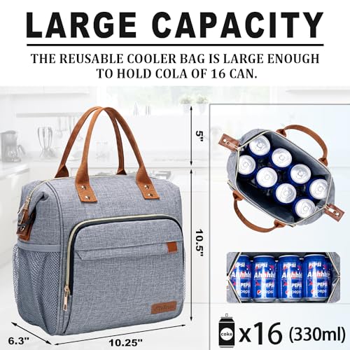 TuErCao Adult Lunch Box - Insulated Lunch Bag Women for Work, Soft Cooler for Beach Travel Picnic, Ladies Lunch Tote Bag for Office, Grey - color: A3: Grey, size: Large