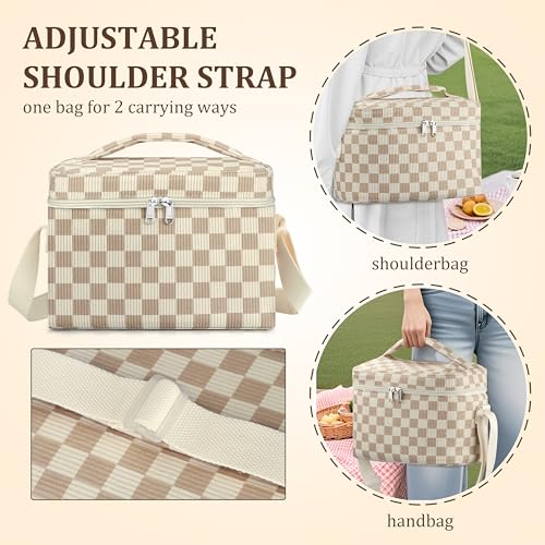 TESAFNG Insulated Lunch Bag for Women, Cute Corduroy Reusable Lunch Box for Adult, Leakproof Cooler Bag for Work Office Travel Picnic, Lunch Tote Bag with Adjustable Shoulder Strap (Checkered Khaki) - color: Checkered Khaki