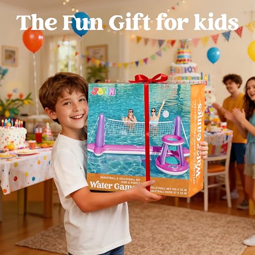JOYIN Inflatable Pool Float Set Volleyball Net & Basketball Hoops, Floating Swimming Game Toy Floaties for Kids and Adults Volleyball Court (105”x28”x35”)|Basketball (27”x23”x27”),L-Pink Purple - color: Pink Purple, size: Large