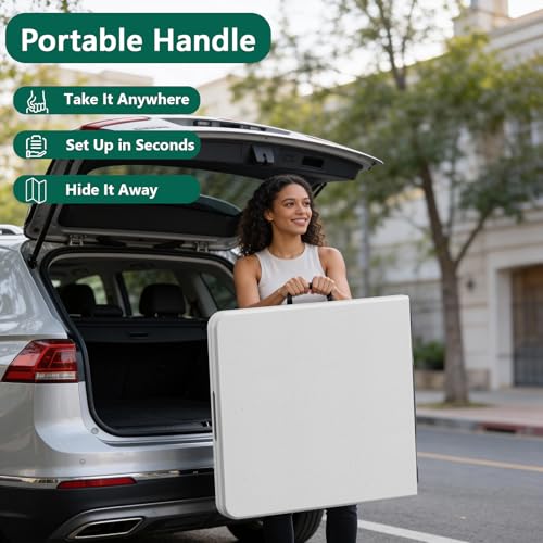 Folding Table, 5FT Foldable Picnic Table with Carrying Handle, Heavy Duty Fold-in-Half Portable Table for Weddings, Camping, RV Travel, Parties, BBQs, and Indoor Use, Easy to Fold and Store, White - color: White, size: 5FT