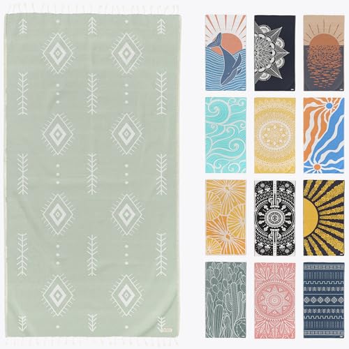 FESHKA Sand Proof Turkish Beach Towel – Oversized, Quick Dry & Lightweight Travel Towel - 100% Organic Cotton Beach Blanket - Perfect for Bath, Pool & Picnic | Cat Eye (Light Green) - color: 07 - Light Green