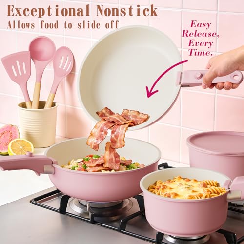 Umite Chef Pots and Pans Set Non Stick, 21 pcs Nonstick Ceramic Cookware Set, RV Kitchen Cooking Set with Detachable Handles, Oven Safe, Induction Cookware, Stackable, Pink, PFAS PFOA & PTFE Free - color: Pink