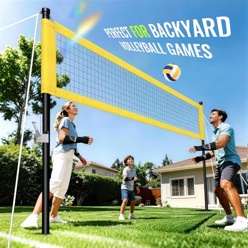 Professional Outdoor Volleyball Net Set with Arm Sleeves & Beach Fixed Plate, Heavy Duty 32-Ply Reinforced Net with Steel Anti-Sag Winch, Height-Adjustable Poles, Carry Bag for Backyard Beach Lawn