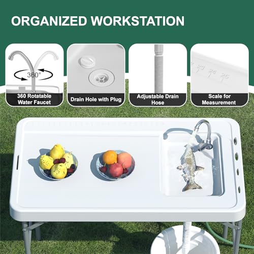 Fish Cleaning Table with Sink, 42.5" Folding Camping Table & Fish Cleaning Station with Measure Mark, Camping Sink with Hose Hookup for Outdoor Picnic, Beach, Dock & Patio Use - style: Fish cleaning table new