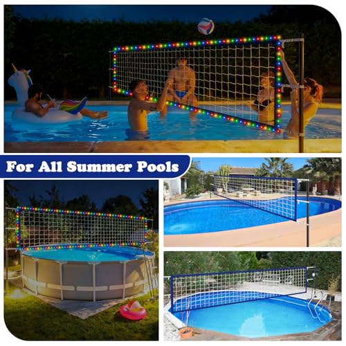Upgraded Pool Volleyball Net, 15x3FT Pool Volleyball Net for Inground Pool Games for Adults and Family 2026 Summer Pool Floaties Party Gift - color: White Blue with Lights