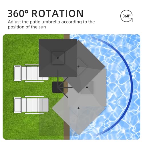 JZAC & QZYD 9x9 FT Outdoor Cantilever Patio Umbrella with Solar LED Lights, Large Heavy Duty 2-Tier Canopy Square Aluminum Offset Umbrellas with 360-Degree Rotation for Pool Deck Backyard, Grey - color: Grey, size: 9'×9'