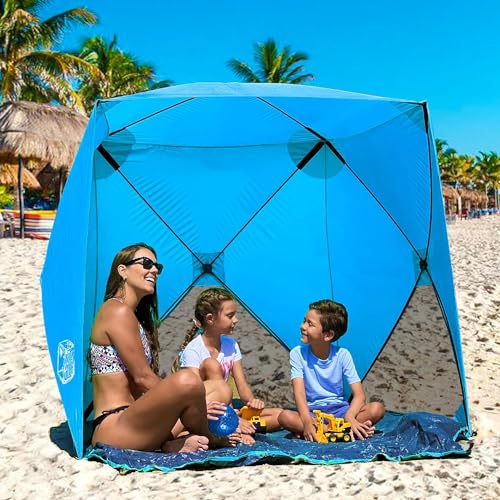 Beach Cube Pop Up Beach Tent Portable Shade Sun Shelter UPF50+ UV Protection for 4 Person Expandable Floor for Beach Fishing Hiking Camping – Beach Blue Color New - color: BeachCube-Blue NEW