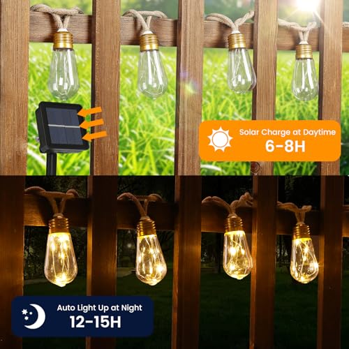 Solar String Lights, Solar Outdoor String Lights, 24FT Solar Powered Patio Lights with 20 Shatterproof Bulbs, Waterproof Vintage Rope Hemp & 8 Modes for Garden Fence Balcony Camping (Warm White) - color: Solar-Warm White