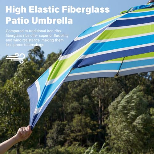 JEAREY 9FT Outdoor Patio Umbrella,Market Table Umbrella with 8 Fiberglass Ribs, Pool Umbrella with Tilt and Crank, UV Protection Lightweight & Wind-Resistant for Lawn, Garden, Deck and Backyard, Blue-Green Stripe - color: Blue-Green Stripe