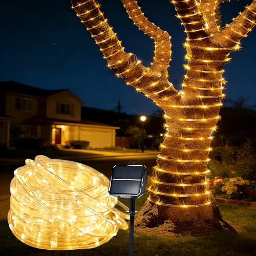 Solar Rope Lights for outside, 66ft 200 LED Solar string Lights with 8 Modes, Waterproof Solar Outdoor Light for Patio Garden Party Tree Porch Pool Fence Outdoor Holiday Xmas Decor-Warm White - color: Warm White, size: 66ft