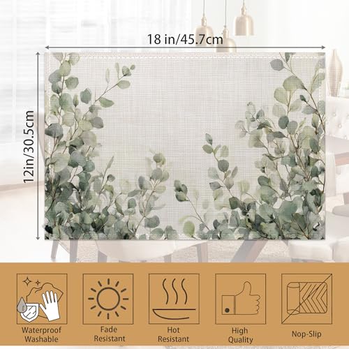 Watercolor Eucalyptus Leaves Placemats Set of 6, Green Branches Table Mates Non-Slip Heat Resistant Washable Linen Place Mats for Party Kitchen Dining Decoration Indoor Outdoor 12"x18" - color: Watercolor Eucalyptus Leaves, Green Branches