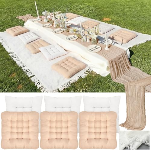 Extra Large Outdoor Picnic Blanket with Table Runner and Floor Pillow Cushion for Picnic Wedding Birthday Baby Shower Backyard Decor (91 x 71'',Brownish Beige,Light Camel, Light Beige,8 Pcs) - color: Brownish Beige,light Camel, Light Beige