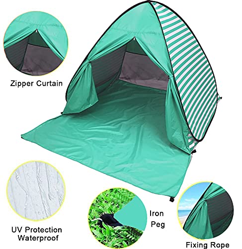 Pop Up Beach Tent Shade Sun Shelter UPF 50+ Canopy Cabana 2-3 Person for Adults Baby Kids Outdoor Activities Camping Fishing Hiking Picnic Touring (Lake Green Stripes) - color: Lake Green Stripes
