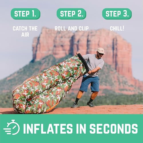 Chillbo Inflatable Couch – Unique Designs - No-Pump Setup, Ripstop Polyester, Stability Pegs, Fun Prints - Portable Air Inflatable Lounger for Beach, Camping, Festivals, and Tailgating - color: Camo Green, size: Large
