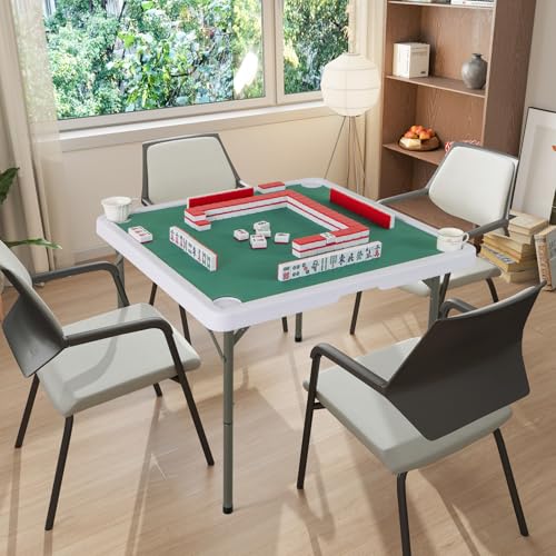 Goplus Mahjong Table, 35" Square Folding Card Table w/4Cup Holders, Anti Slip Mat, HDPE Tabletop, Metal Legs, Portable Mahjong Game Table for Domino Game, Picnic (Table w/Removable Mat, Pure Green) - style: Pure Green, Table w/Removable Mat