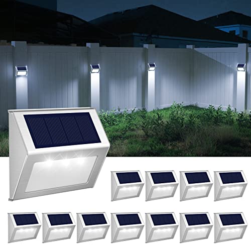 JSOT Outdoor Fence Lights,12 Pack Solar Powered Deck Lights Waterproof Stairs Light Stainless Steel Security Wall Lamps for Step Walkway Patio Garden Pathway - Cool White - color: Cool White-12Pack