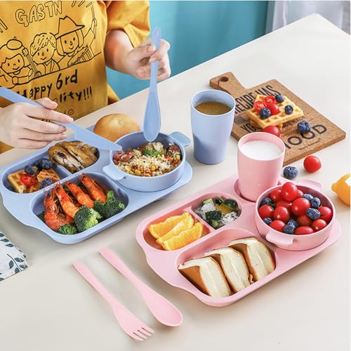 Unbreakable Dinnerware Sets for 4 People,24pcs Divided Plates and Bowls, Reusable Dinnerware Plastic Plates, Cups, Bowls, Cutlery Set for School Party, Camping, Home, Office - color: Pink