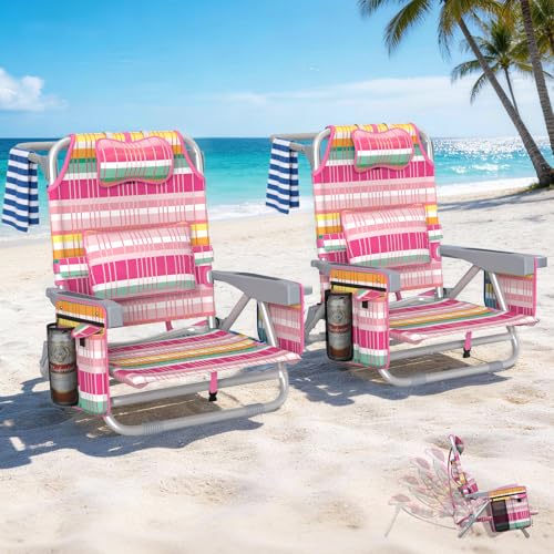 5-Position Backpack Beach Chair for Adults with Lumbar, Foldable Tall Heavy-Duty Beach Chairs with Cooler Bag,Cup Holder,Towel Rack for Beach, Camping, Outdoor (2, Rainbow Pink) - color: Rainbow Pink, size: 2 pack
