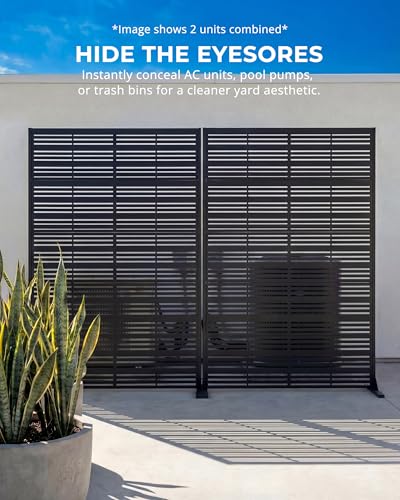 Outdoor Privacy Screen 72" H x 47" W | 37lb Heavy-Duty Metal Fence Panel, Matte Black | Freestanding with Expansion Anchors for Patio, Balcony, Pool, Deck — Modern Slatted Design - color: Matte Black