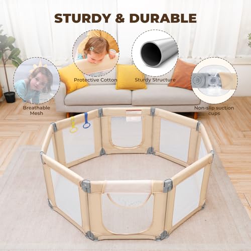 Dripex Small Foldable Baby Playpen, 49"x47" Small Space Play Yard for Travel - Portable Collapsible Play Pen for Babies, Indoor Outdoor Baby Fence, Beige - color: Beige, size: 49"×47" Foldable