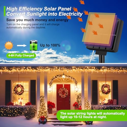 Brightever Solar Powered String Lights Outdoor Waterproof, 4-Pack Total 160FT 400 LED Solar Twinkle Lights with 8 Lighting Modes, Solar Fairy Lights for Fence, Balcony (Daylight White) - color: White, size: 4Packs（40FT 100LED）